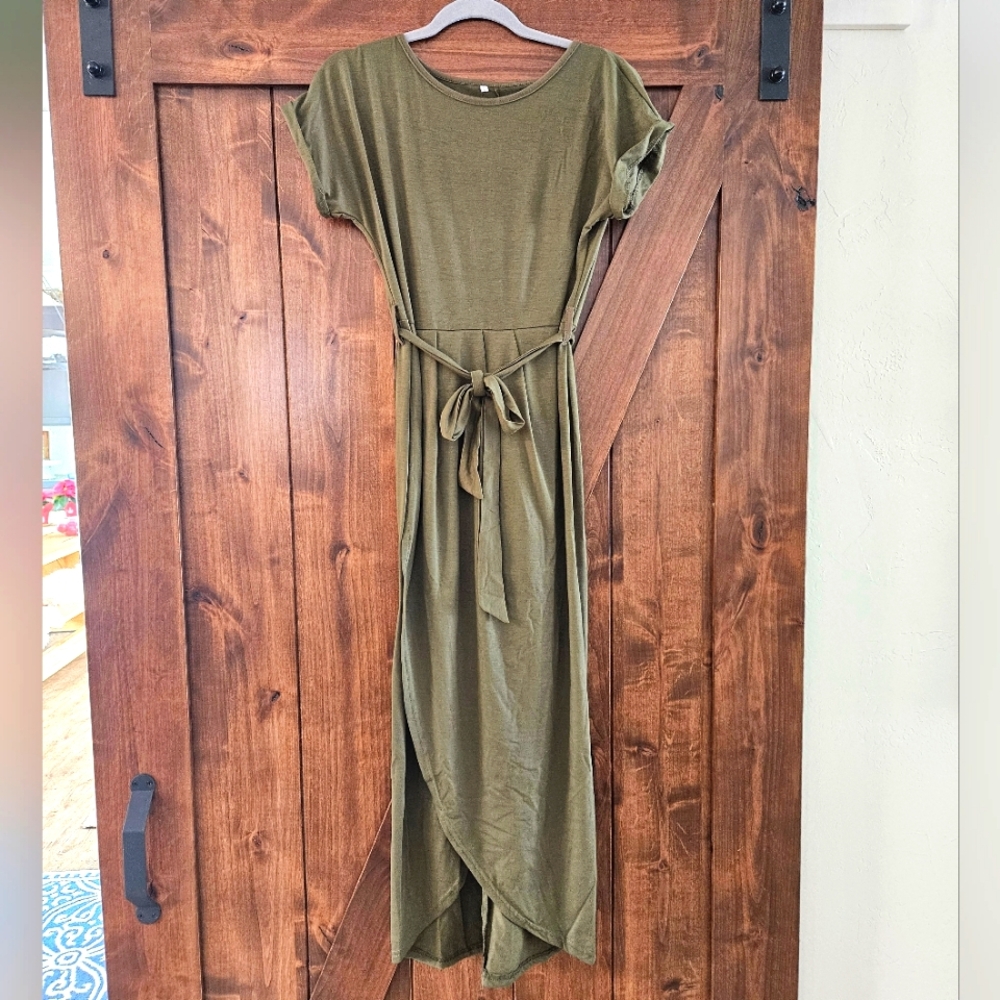 Maxi Dress Olive Green Faux Wrap Sz Small